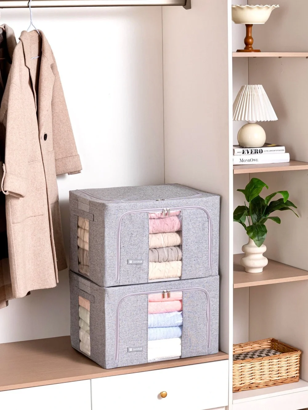 Grey Fabric Storage Boxes with Clear Window - Set of 2